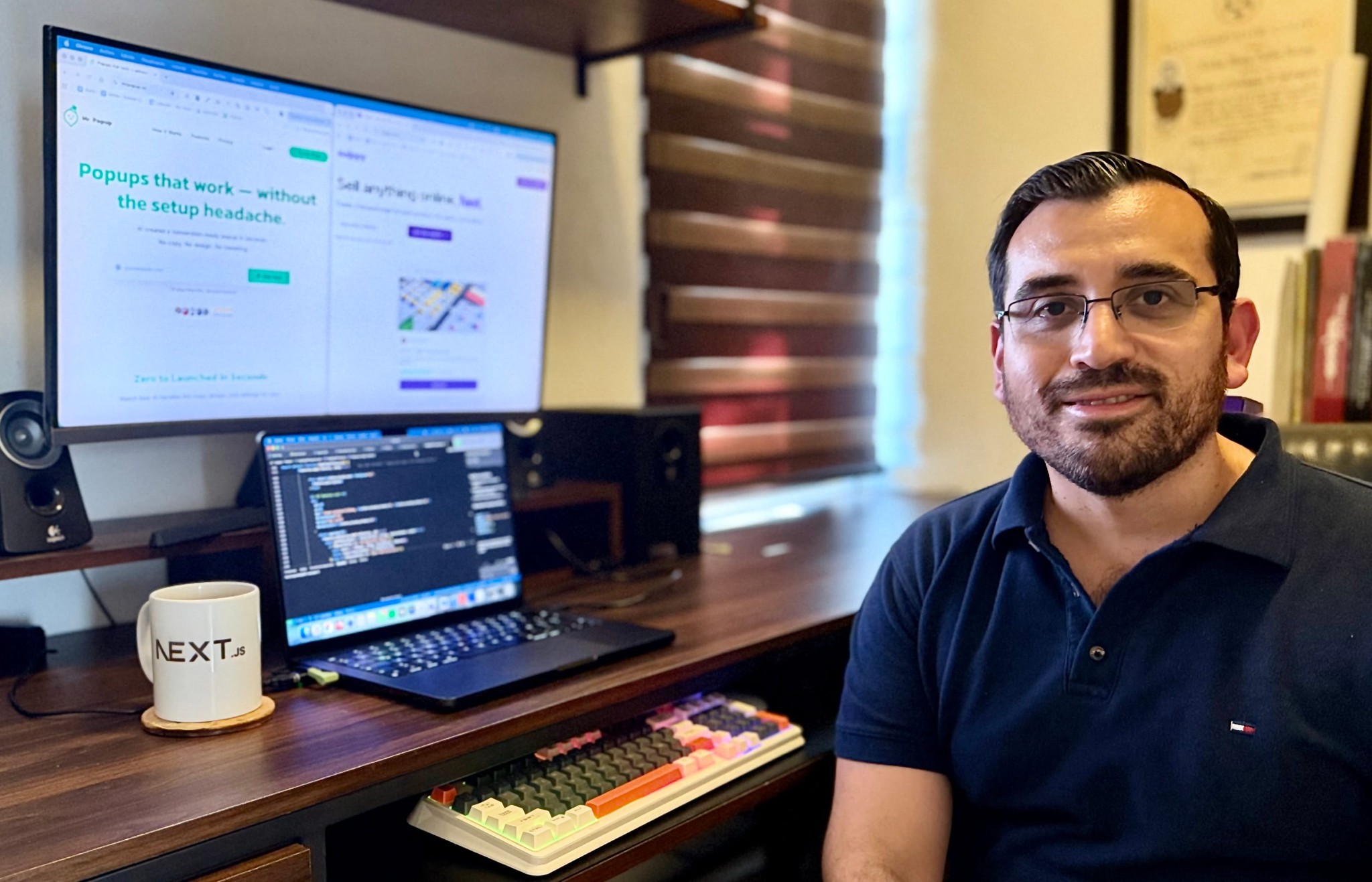 Héctor Guedea - From Developer to Founder Héctor Guedea working at his desk with Mr. Popup and Suippy landing pages visible on the monitor